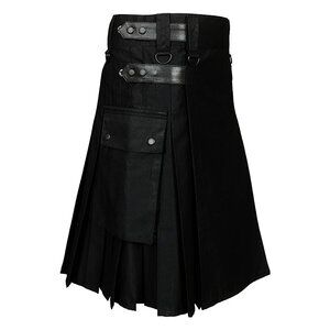Men’s Scottish Style Black Cotton Utility Kilt Adjustable Leather Straps